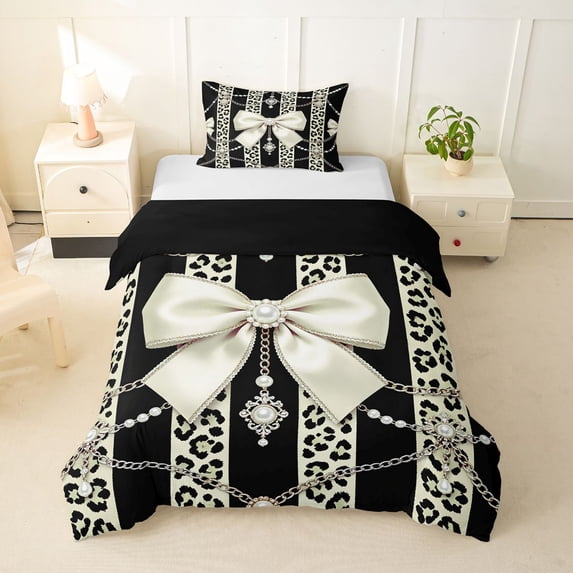 spefrowx Baroque Pearl Bowknot Twin Duvet Cover for Girls, Cheetah Print Stripe Twin Bedding, Black Reversible, 2pcs, 1 Duvet Cover and 1 Pillowcase