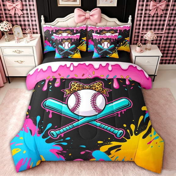 spefrowx Baseball Leopard Print Bow Full Size Bedding Sets for Kids, Ice Cream Drip Art Full Size Bed in a Bag, Black Reversible, 7 Pieces