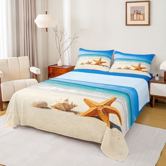 spefrowx Beach Starfish King Sheets for Teens, Turquoise Seaside Conch Seashell Sand Bedding, 4pcs, 1 Flat Sheet, 1 Fitted Sheet and 2 Pillowcases