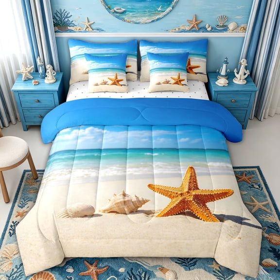 spefrowx Beach Starfish Twin Bedding for Teens, Turquoise Seaside Conch Seashell Sand Bedding Comforter Set, 7pcs