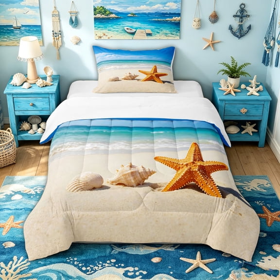 spefrowx Beach Starfish Twin Comforter Sets for Teens, Turquoise Seaside Conch Seashell Sand Bedding Set, 2pcs, 1 Comforter and 1 Pillowcase