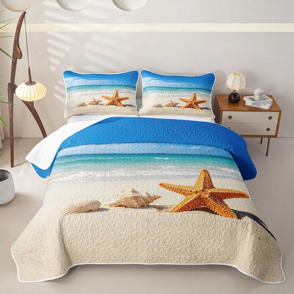 spefrowx Beach Starfish Twin Quilt Set for Teens, Turquoise Seaside Conch Seashell Sand Twin Coverlet Set, 2pcs