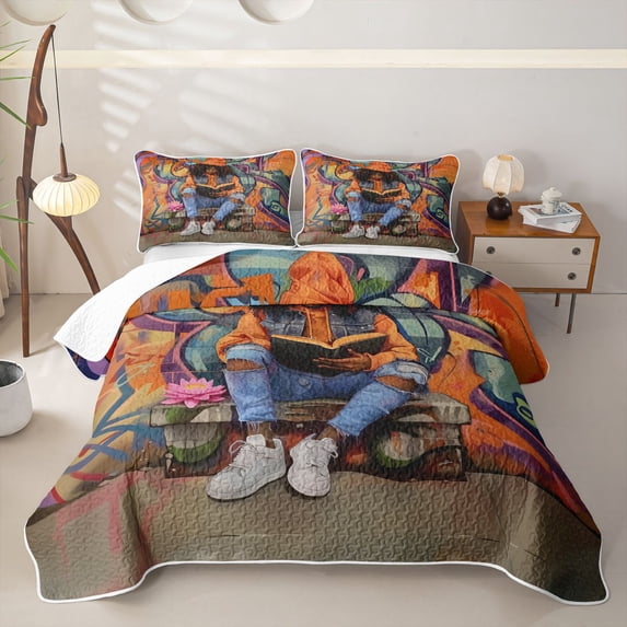 spefrowx Black Girl Reading Quilt King for Teens, Orange Graffiti Art Wall King Coverlet Set, 3pcs