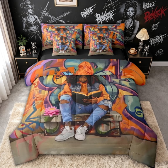 spefrowx Black Girl Reading Twin Bedding for Teens, Orange Graffiti Art Wall Bedding Comforter Set, Black Reversible, 7pcs
