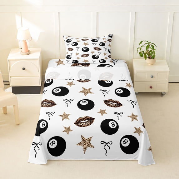spefrowx Black Lucky 8 Billiard Twin Sheets for Girls, Leopard Stars Print Bedding, 3-Piece, 1 Flat Sheet, 1 Fitted Sheet and 1 Pillowcase