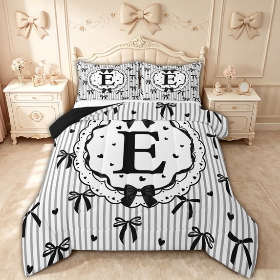 spefrowx Black Monogram E Full Size Comforter Sets for Kids, Kawaii Bowknot Stripe Love Heart Bedding Comforter Set, Black Reversible, 3pcs, 1 Comforter and 2 Pillowcases