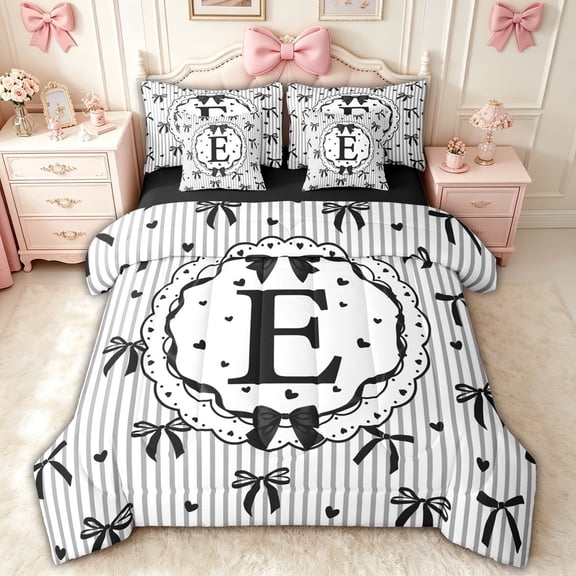 spefrowx Black Monogram E Twin Bedding for Kids, Kawaii Bowknot Stripe Love Heart Bedding Comforter Set, Black Reversible, 7pcs