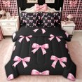 thumbnail image 1 of spefrowx Black Pink Ribbon Queen Bedding for Teens, Simple Cute Bow Bedding Comforter Set Queen, Black Reversible, 7 Pieces, 1 of 6