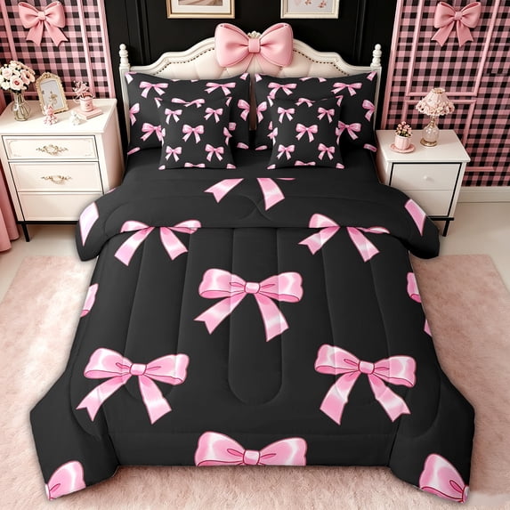 spefrowx Black Pink Ribbon Queen Bedding for Teens, Simple Cute Bow Bedding Comforter Set Queen, Black Reversible, 7 Pieces