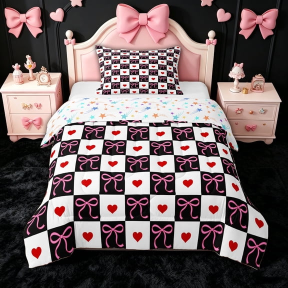 spefrowx Black and White Checker Bow Twin Comforter Sets for Teens, Red Love Heart Print Bedding Set, Stars Reversible, 2pcs, 1 Comforter and 1 Pillowcase