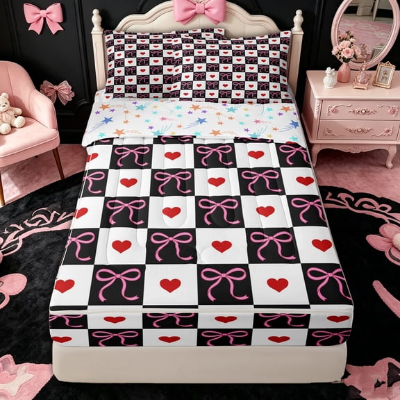 spefrowx Black and White Checker Bow Zipper Twin Comforter Sets with Fitted Sheet and 2 Pillowcases for Teens, Red Love Heart Print Zipper Bedding Set, Stars Reversible, 4pcs