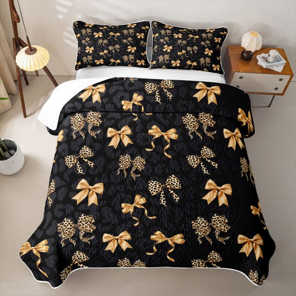 spefrowx Black Yellow Bowknot Quilt Full for Girls, Leopard Cheetah Print Full Bedspread Sets, 3 Pieces