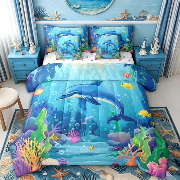spefrowx Blue Cartoon Dolphin Twin Bedding for Kids, Coral Marine Sealife Bedding Comforter Set, Polka Dot Reversible, 7pcs