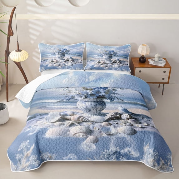spefrowx Blue Floral Vase Quilt Full for Girls Boys, Seabird Coral Shell Full Bedspread Sets, 3 Pieces