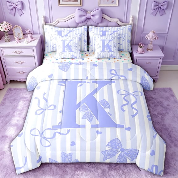 spefrowx Blue Letter K Print Queen Bedding for Women, Striped Bow Love Heart Bedding Comforter Set Queen, Stars Reversible, 7pcs