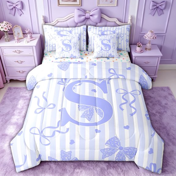 spefrowx Blue Letter S Print Twin Bedding for Women, Striped Bow Love Heart Bedding Comforter Set, Stars Reversible, 7 Pieces