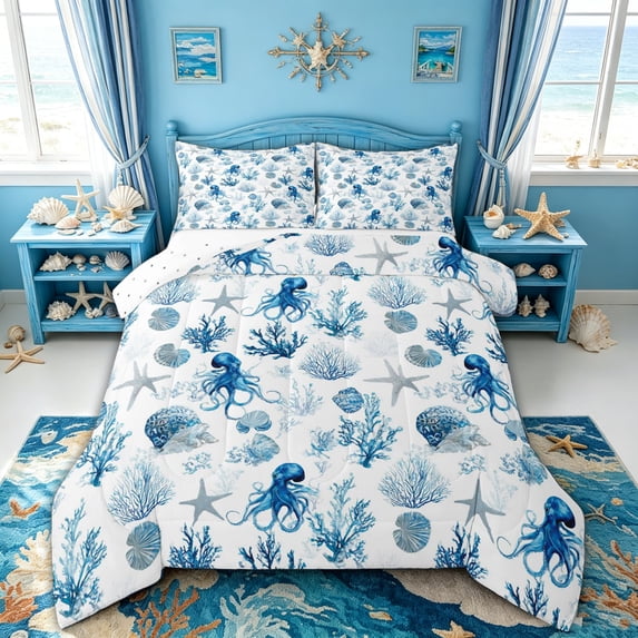 spefrowx Blue Octopus Starfish Full Size Comforter Sets for Kids, Watercolor Coral Sealife Bedding Comforter Set, Reversible, 3 Pieces, 1 Comforter and 2 Pillowcases