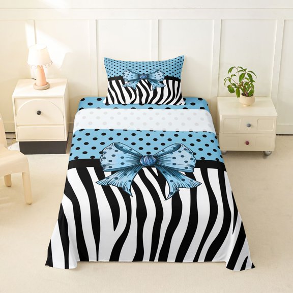 spefrowx Blue Polka Dot Bow Twin Sheets for Girls, Zebra Stripe Line Print Bedding, 3pcs, 1 Flat Sheet, 1 Fitted Sheet and 1 Pillowcase