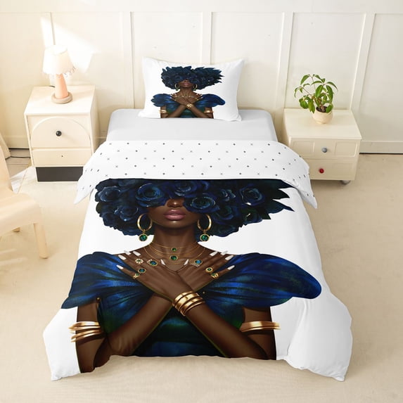 spefrowx Blue Rose Black Female Twin Duvet Cover for Kids, Fashion Dress Art Twin Bedding, White, Reversible, 2pcs, 1 Duvet Cover and 1 Pillowcase