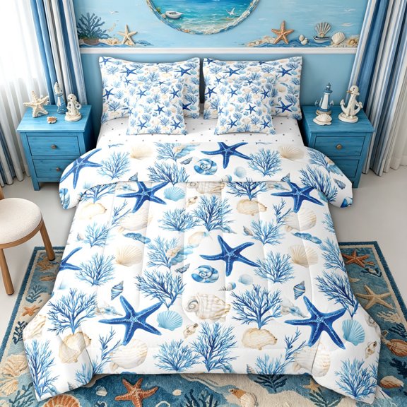 spefrowx Blue Starfish Full Size Bedding Sets for Women, Coral Seashell Nautical Full Size Bed in a Bag, Reversible, 7 Pieces