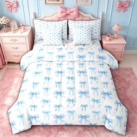 spefrowx Blue Watercolor Bow Twin Bedding for Kids, Cartoon Princess Style Bedding Comforter Set, Stars Reversible, 7-Piece
