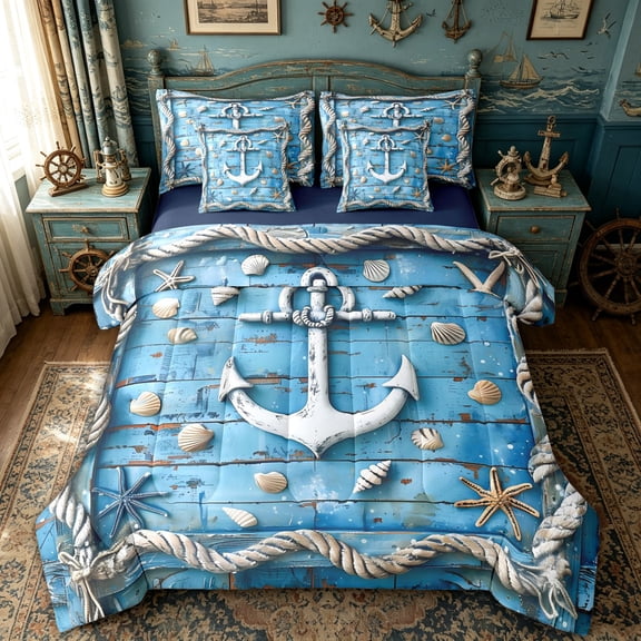 spefrowx Blue Wood Anchor Full Size Bedding Sets for Kids, Rustic Rope Seashell Starfish Full Size Bed in a Bag, Navy Reversible, 7pcs
