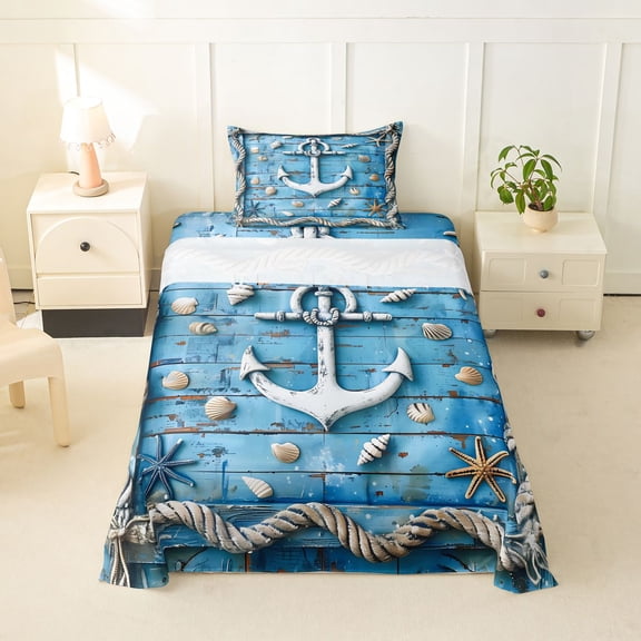 spefrowx Blue Wood Anchor Twin Sheets for Kids, Rustic Rope Seashell Starfish Bedding, 3pcs, 1 Flat Sheet, 1 Fitted Sheet and 1 Pillowcase