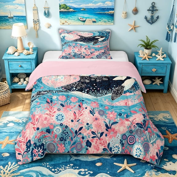 spefrowx Boho Floral Orca Whale Twin Comforter Sets for Girls, Pink Wave Blossom Flower Bedding Set, Pink Reversible, 2pcs, 1 Comforter and 1 Pillowcase