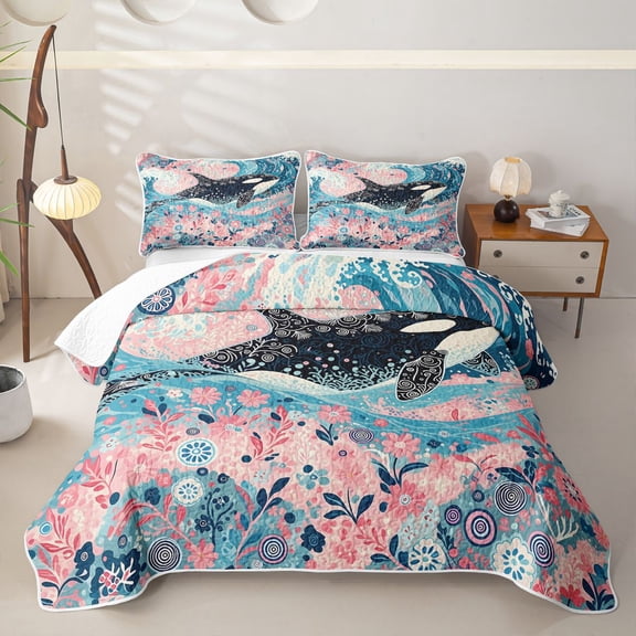 spefrowx Boho Floral Orca Whale Twin Quilt Set for Girls, Pink Wave Blossom Flower Twin Coverlet Set, 2pcs