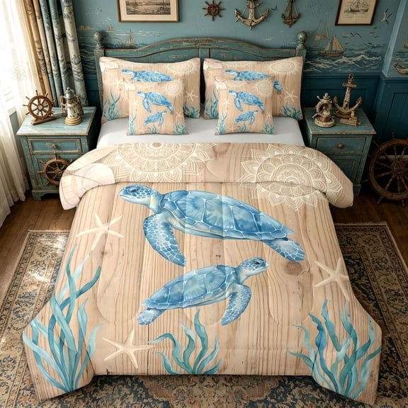spefrowx Boho Wood Turtle Twin Bedding for Women, Teal Mandala Starfish Seaweed Bedding Comforter Set, Gray Reversible, 7-Piece
