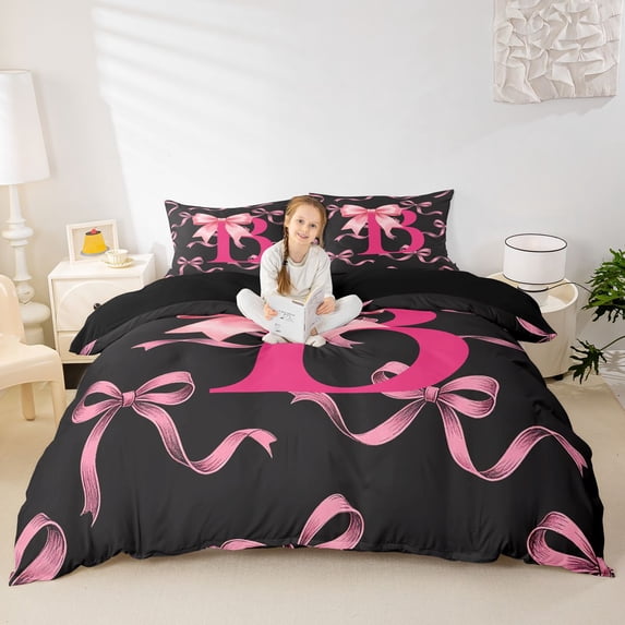 spefrowx Bow B Letter Bedding for Girls, Black Pink Watercolor Ribbon Duvet Cover Full, Black Reversible, 3 Pieces, 1 Duvet Cover and 2 Pillowcases
