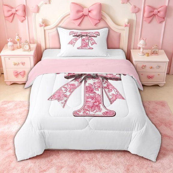 spefrowx Bowknot Letter T Print Twin Comforter Sets for Women Girls, Pink Bow Flower Monogram Bedding Set, Pink Reversible, 2 Pieces, 1 Comforter and 1 Pillowcase