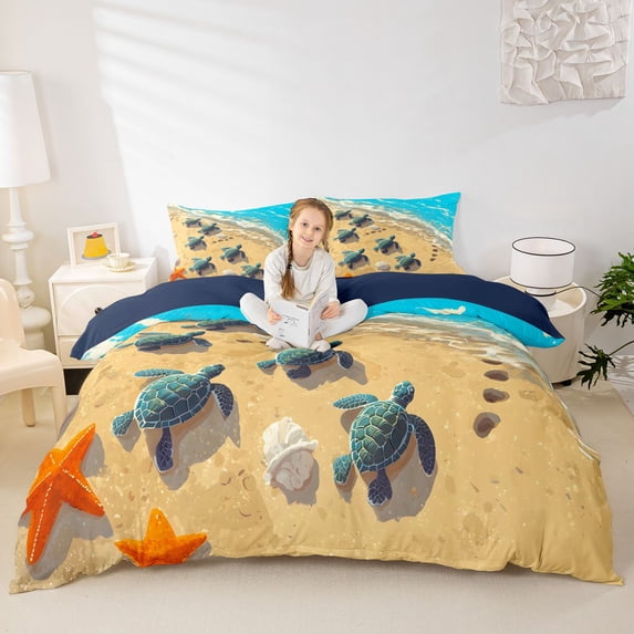 spefrowx Cartoon Beach Sea Turtle Duvet Cover Queen for Kids, Seashore Starfish Shell Queen Bedding, Navy Reversible, 3pcs, 1 Duvet Cover and 2 Pillowcases