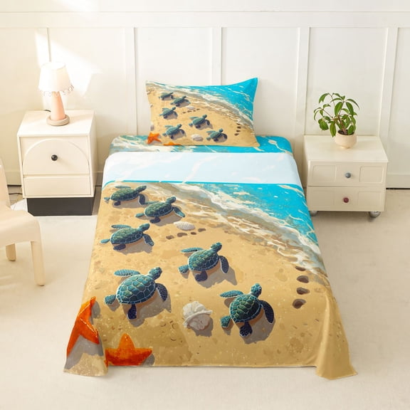 spefrowx Cartoon Beach Sea Turtle Twin Sheets for Kids, Seashore Starfish Shell Bedding, 3pcs, 1 Flat Sheet, 1 Fitted Sheet and 1 Pillowcase