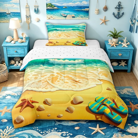 spefrowx Cartoon Beach Wave Twin Comforter Sets for Teens, Golden Summer Flip Flop Starfish Bedding Set, Reversible, 2pcs, 1 Comforter and 1 Pillowcase