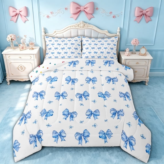 spefrowx Cartoon Blue Bow Full Size Comforter Sets for Girls, Watercolor Floral Bedding Comforter Set, Polka Dot Reversible, 3pcs, 1 Comforter and 2 Pillowcases