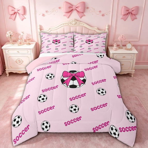 spefrowx Cartoon Bow Football Full Size Comforter Sets for Girls, Kawaii Ball Print Bedding Comforter Set, Pink Reversible, 3 Pieces, 1 Comforter and 2 Pillowcases