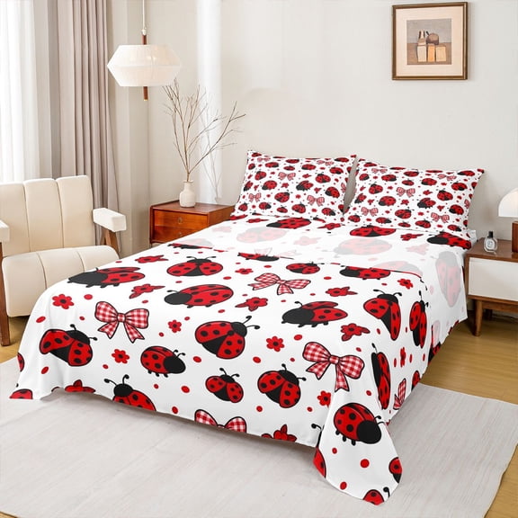 spefrowx Cartoon Ladybug Animal Queen Sheets for Kids, Red Floral Gingham Bow Queen Sheet Sets, 4-Piece, 1 Flat Sheet, 1 Fitted Sheet and 2 Pillowcases
