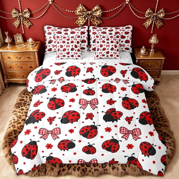 spefrowx Cartoon Ladybug Animal Twin Bedding for Kids, Red Floral Gingham Bow Bedding Comforter Set, Reversible, 7-Piece