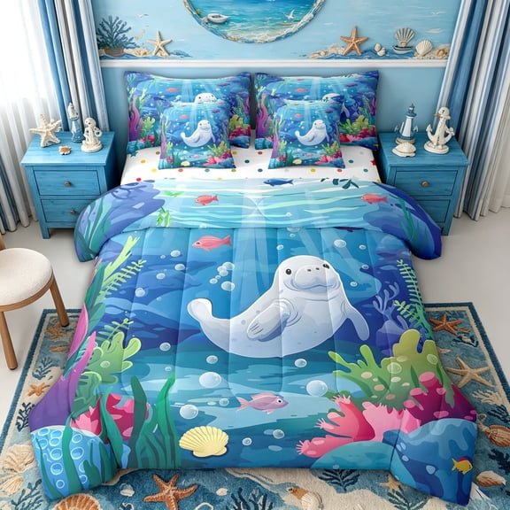 spefrowx Cartoon Manatee Animal Twin Bedding for Girls, Blue Seashell Coral Ocean Bedding Comforter Set, Polka Dot Reversible, 7pcs