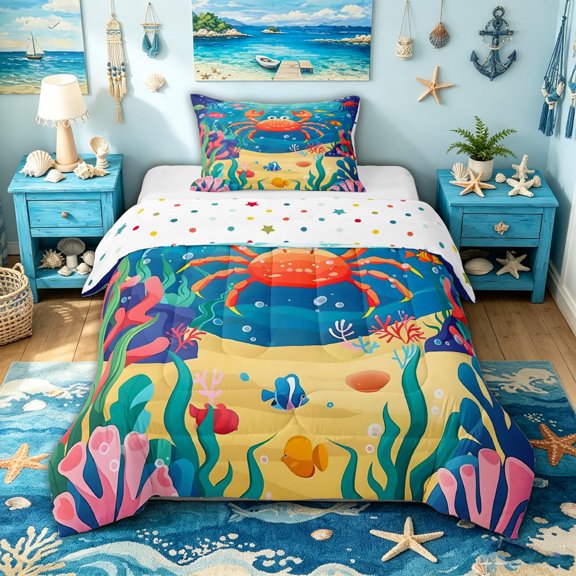 spefrowx Cartoon Orange Crab Twin Comforter Sets for Kids, Coral Tropical Fish Seabed Bedding Set, Polka Dot Reversible, 2-Piece, 1 Comforter and 1 Pillowcase