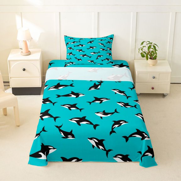 spefrowx Cartoon Orca Silhouette Twin Sheets for Teens, Turquoise Ocean Whale Bedding, 3 Pieces, 1 Flat Sheet, 1 Fitted Sheet and 1 Pillowcase