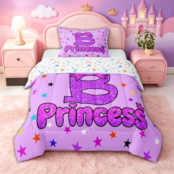 spefrowx Cartoon Princess B Twin Comforter Sets for Girls, Purple Star Bowknot Print Bedding Set, Stars Reversible, 2pcs, 1 Comforter and 1 Pillowcase