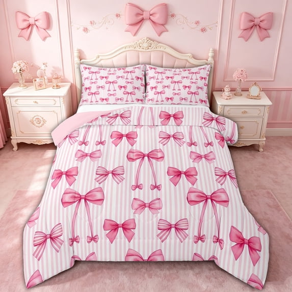 spefrowx Cartoon Princess Bow Queen Comforter Set for Girls, Pink Watercolor Stripe Comforter Sets Queen, Pink Reversible, 3-Piece, 1 Comforter and 2 Pillowcases