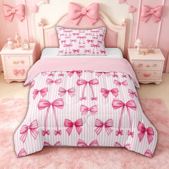 spefrowx Cartoon Princess Bow Twin Comforter Sets for Girls, Pink Watercolor Stripe Bedding Set, Pink Reversible, 2-Piece, 1 Comforter and 1 Pillowcase