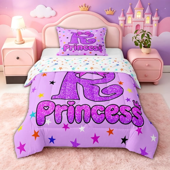 spefrowx Cartoon Princess R Twin Comforter Sets for Girls, Purple Star Bowknot Print Bedding Set, Stars Reversible, 2 Pieces, 1 Comforter and 1 Pillowcase