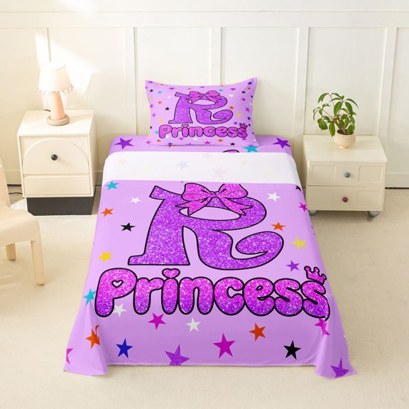 spefrowx Cartoon Princess R Twin Sheets for Girls, Purple Star Bowknot Print Bedding, 3 Pieces, 1 Flat Sheet, 1 Fitted Sheet and 1 Pillowcase