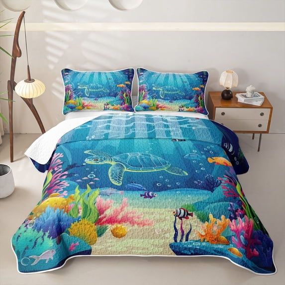 spefrowx Cartoon Sea Turtle Quilt King for Girls Boys, Vibrant Coral Tropical Fish King Coverlet Set, 3pcs