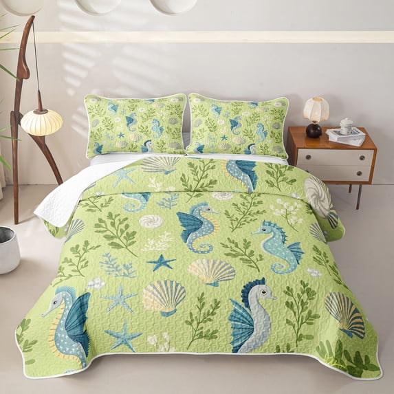 spefrowx Cartoon Seahorse Quilt King for Girls Boys, Green Seaweed Shell Starfish King Coverlet Set, 3-Piece