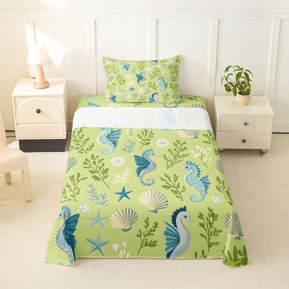 spefrowx Cartoon Seahorse Twin Sheets for Kids, Green Seaweed Shell Starfish Bedding, 3-Piece, 1 Flat Sheet, 1 Fitted Sheet and 1 Pillowcase